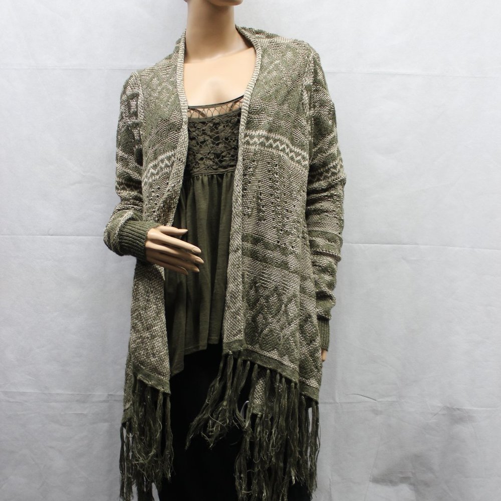 Maurices Women's Green & Cream Knit Open Fringed Cardigan